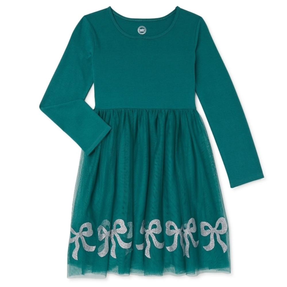 Wonder Nation Dress with Silver Bow Accents Girl's Size Large 10/12 Teal